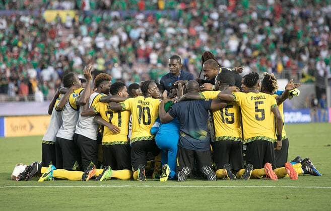 (170724) -- PASADENA, July 24, 2017 -- Team Jamaica react after winning the semifinal of the CONCACAF Gold Cup soccer tournament against Mexico at the Rose Bowl in Pasadena, the United States, on July 23, 2017. Jamaica advanced to the final with 1-0.) (wll) (SP)U.S.-PASADENA-SOCCER-CONCACAF GOLD CUP-SEMIFINAL-JAM VS MEX JavierxRojas 