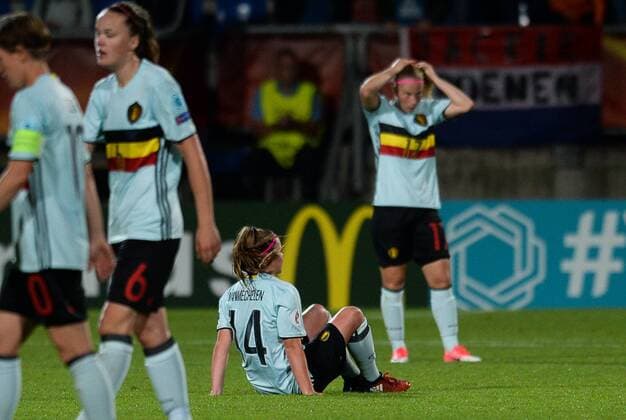 Belgium s Davinia Vanmechelen looks dejected after a soccer game between Belgian national women s soccer team Red Flames and The Netherlands, the third game in group A in the group stage of the Women s European Championship EM Europameisterschaft 2017 in the Netherlands, Monday 24 July 2017 in Tilburg, The Netherlands. DAVIDxCATRY  x05138194x