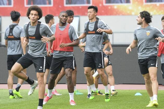 French football star Anthony Modeste, fourth left, and teammates take part in a training session of Tianjin Quanjian Football Club in Tianjin, China, 15 July 2017. Anthony Modeste  pbu653105_12
