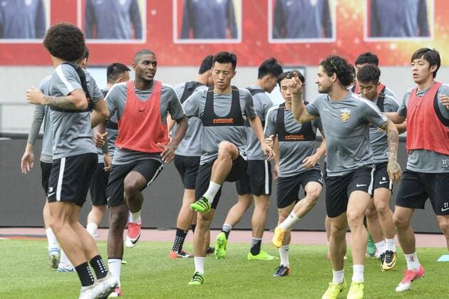 French football star Anthony Modeste, second left, and teammates take part in a training session of Tianjin Quanjian Football Club in Tianjin, China, 15 July 2017. Anthony Modeste  pbu653105_11