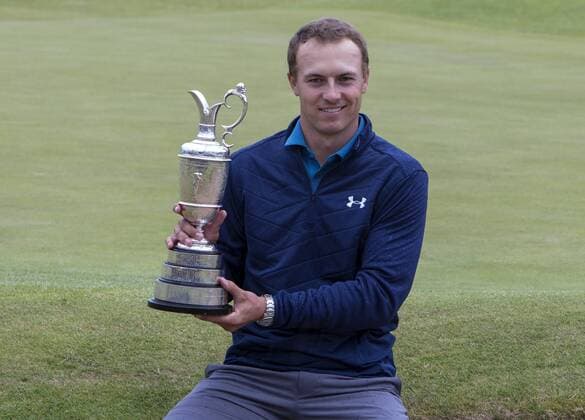 23rd July 2017, Royal Birkdale Golf Club, Southport, England; The 146th Open Golf Championship, fourth round ; Jordan Spieth (USA) poses with the Open Championship claret jug trophy xDavidxBlunsdenx  ActionPlus11906008
