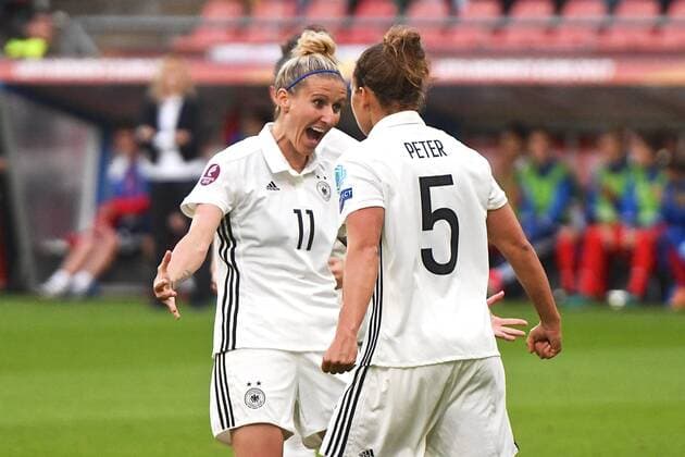 Russia Women v Germany Women UEFA Women s Euros 2017 Babe Peter of Germany (right) celebrates with Anja Mittag after scoring their first goal from the penalty spot to make it Germany 1 Russia 0 during the UEFA Women s Euros 2017 match at Stadion Galgenwaard, Utrecht Copyright: xKristianxKanex FIL-10438-0005 UK Newspapers OUT