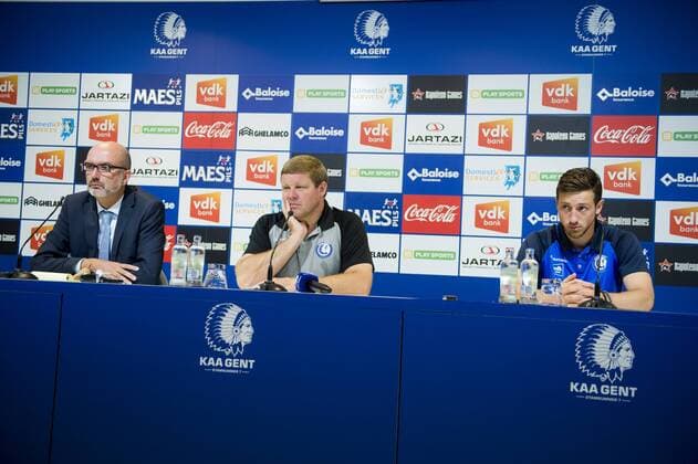 Gent s Marc Van Lysebetten, Gent s head coach Hein Vanhaezebrouck and Gent s Brecht Dejaegere pictured during a press conference PK Pressekonferenz of Belgian first division soccer team KAA Gent ahead of the first leg of the third qualifying round for the UEFA Europa League competition, Wednesday 26 July 2017 in Gent. KAA Gent plays against Austrian team Altach on Thursday. JASPERxJACOBS  x05139052x