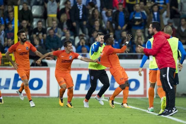 Basaksehir s Eljero Elia (C) celebrates with his teammates after scoring during a soccer game between Belgian team Club Brugge KSV and Turkish club Istanbul Basaksehir F.K., the first leg of the third qualifying round for the UEFA Champions League competition, Wednesday 26 July 2017 in Brugge. JASPERxJACOBS  x05139438x