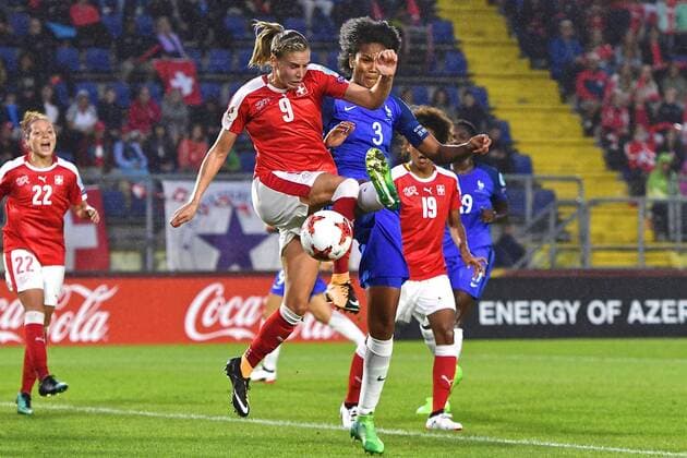 Switzerland v France UEFA Women s Euros 2017 Ana-Maria CrnogorÄeviÄ? of Switzerland (left) clears under pressure from Wendie Renard of France during the UEFA Women s Euros 2017 match at the Rat Verlegh Stadion, Breda Copyright: xKristianxKanex FIL-10443-0031 UK Newspapers OUT