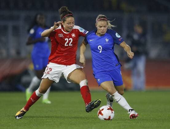 (170727) -- BREDA, July 27, 2017 -- Eugenie Le Sommer (R) of France vies with Vanessa Bernauer of Switzerland during the UEFA Women s EURO 2017 soccer tournament Group C match between France and Switzerland in Breda, the Netherlands, July 26, 2017. The match ended with a 1-1 draw. ) (SP)NETHERLANDS-UEFA-WOMEN S EURO-2017-GROUP-FRANCE-SWITZERLAND YexPingfan 