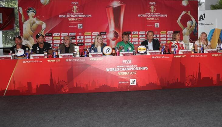 Beach volleyball Beachvolleyball - FIVB World Championships 2017 VIENNA,AUSTRIA,27.JUL.17 - BEACH VOLLEYBALL - FIVB World Championships, press conference PK Pressekonferenz Image shows Alex Horst (AUT), Clemens Doppler (AUT), president Peter Kleinmann (OEVV), Margarete Schramboeck (A1), Hannes Jagerhofer, Andreas Mailath-Pokorny, Stefanie Schwaiger (AUT) and Katarina Schuetzenhofer (AUT) GEPAxpictures xChristianxOrt