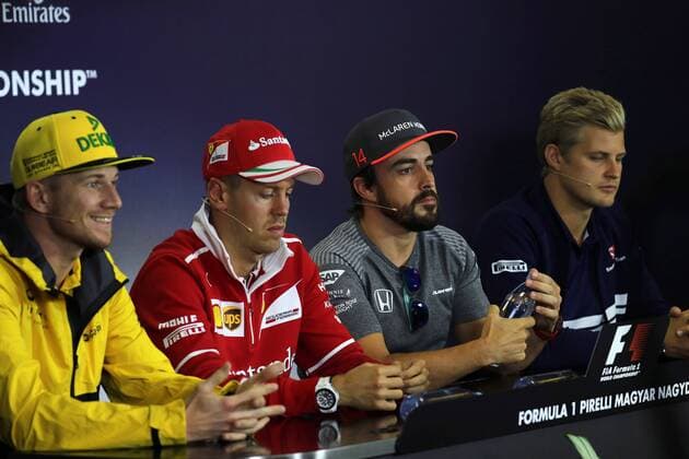 Hungarian Grand Prix, Hungaroring 27 - 30 July 2017 27.07.2017 - press conference PK Pressekonferenz Nico Hulkenberg (GER) Renault F1 Team RS17, Sebastian Vettel (GER) Scuderia Ferrari SF70H, Fernando Alonso (ESP) McLaren MCL32 and Marcus Ericsson (SUE) Sauber C36 