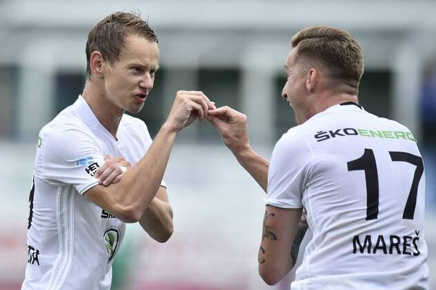 Soccer players Jan Chramosta (left) and Petr Mares of M. Boleslav celebrate a goal during the Football Europa League, 3rd qualifying round, 1st leg: Mlada Boleslav vs Skenderbeu in Mlada Boleslav, Czech Republic, July 27, 2017. (CTKxPhoto RadekxPetrasek) CTKPhotoP201707270954001  _PER9585