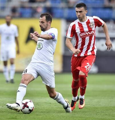 Soccer players Marek Matejovsky (left) of M. Boleslav and Afrim Taku of Skenderbeu in action during the Football Europa League, 3rd qualifying round, 1st leg: Mlada Boleslav vs Skenderbeu in Mlada Boleslav, Czech Republic, July 27, 2017. (CTKxPhoto RadekxPetrasek) CTKPhotoP201707270956001  _PER9587