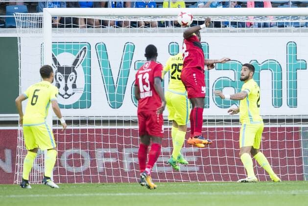 Altach s Louis Ngwat-Mahop scores a goal during a soccer game between Belgian club KAA Gent and Austrian team SC Rheindorf Altach, the first leg of the third qualifying round for the UEFA Europa League competition, Thursday 27 July 2017 in Gent. JASPERxJACOBS  x05139756x