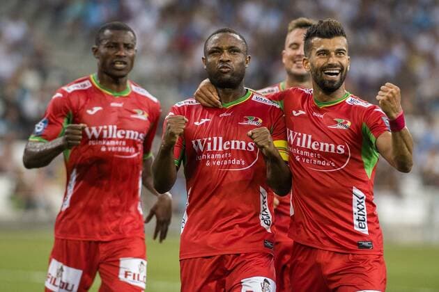 Oostende s Sebastien Siani celebrates after scoring during a soccer game between French club Olympique de Marseille and Belgian team KV Oostende, the first leg of the third qualifying round for the UEFA Europa League competition, Thursday 27 July 2017 in Marseille. LAURIExDIEFFEMBACQ  x05139815x