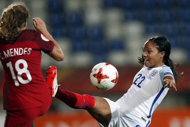 (L-R) Carolina Mendes of Portugal women, Alex Scott of England women during the UEFA WEURO 2017 Group D group stage match between Portugal and England at Koning Willem II stadium on July 27, 2017 in Tilburg, The Netherlands Women: Portugal v England UEFA WEURO 2017 2017 2018 xVIxVIxImagesx xMauricexvanxSteenxIVx 8325484