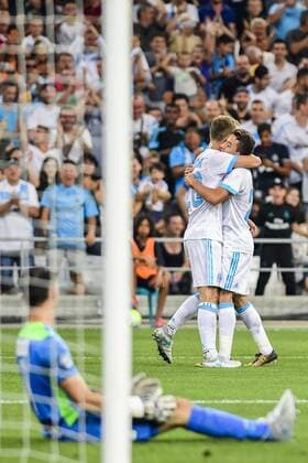 Marseille s Valere Germain celebrates after scoring during a soccer game between French club Olympique de Marseille and Belgian team KV Oostende, the first leg of the third qualifying round for the UEFA Europa League competition, Thursday 27 July 2017 in Marseille. LAURIExDIEFFEMBACQ  x05139944x