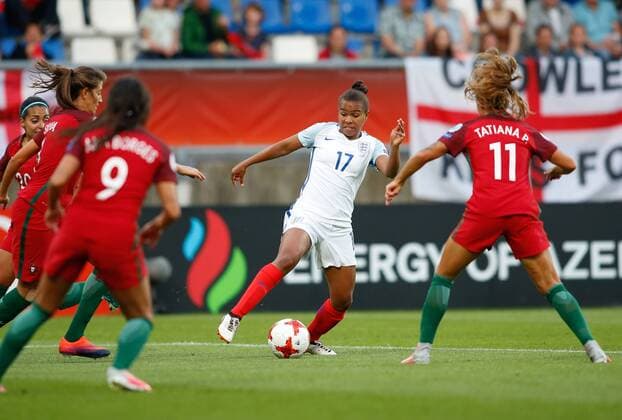 (170728) -- TILGURG, July 28, 2017 -- Nikita Parris (2nd R) of England competes during the UEFA Women s EURO 2017 soccer tournament Group D match between England and Portugal in Tilburg, the Netherlands, July 27, 2017. England won 2-1. ) (SP)NETHERLANDS-UEFA-WOMEN S EURO-2017-GROUP-ENGLAND-PORTUGAL YexPingfan 