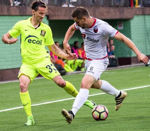 (170728) -- VILNIUS, July 28, 2017 -- Valdemar Borovskij (L) of Trakai vies with Ardian Cuculi of Shkendija during a UEFA Europa League third qualifying round first leg game between Trakai and Shkendija in Vilnius, Lithuania, on July 27, 2017. Trakai won 2-1. ) (SP)LITHUANIA-VILNIUS-SOCCER-EUROPA LEAGUE QUALIFIER-TRAKAI VS SHKENDIJA AlfredasxPliadis 