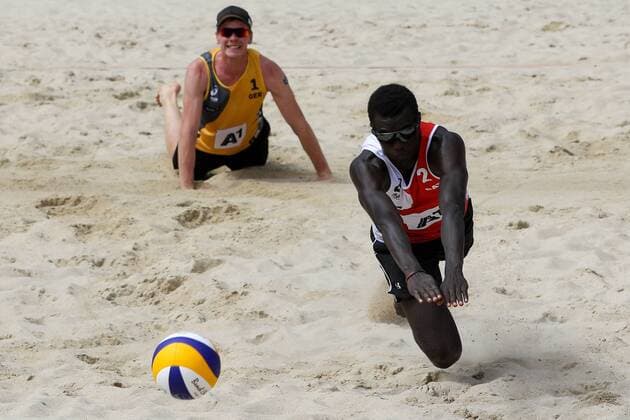 Beach volleyball Beachvolleyball - FIVB World Championships 2017 VIENNA,AUSTRIA,28.JUL.17 - BEACH VOLLEYBALL - FIVB World Championships, men. Image shows Markus Boeckermann (GER) and Cherif Younousse (QAT). GEPAxpictures xMaticxKlansek