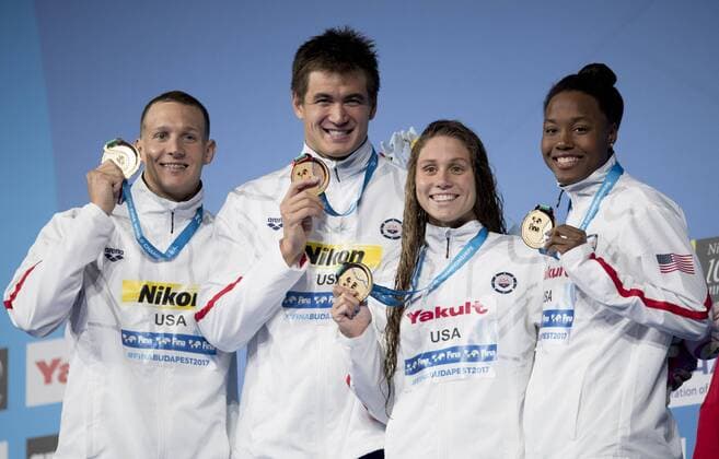 4x100 freestyle mixed relay USA gold medal and world record DRESSEL Caeleb, ADRIAN Nathan, COMERFORD Mallory, MANUEL Simone swimming finals day 16 29 07 2017 XVII FINA World Championships Aquatics Duna Arena Budapest Hungary July 14th - 30th 2017 Photo Â©G.Perottino Deepbluemedia Insidefoto GiorgioxPerottino