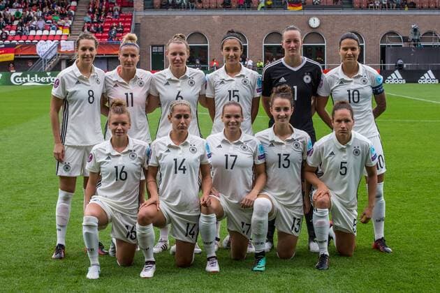ROTTERDAM, 30-07-2017 , EK Vrouwenvoetbal 2017 , Women s Euro 2017 , Kwartfinale Duitsland - Denemarken , Sparta Stadion het Kasteel , (boven vlnr) Lena Goessling , Anja Mittag , Kristin Demann , Sara Doorsoun-Khajeh , Almuth Schult , Dzsenifer Marozs¡n (onder vlnr) Linda Dallmann , Anna BlÅ sse , Isabel Kerschowski , Sara DÅ britz , Babett Peter Duitsland - Denemarken  x1659297x