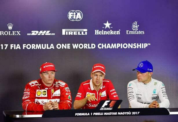 Finale, Sieger Sebastian Vettel, links Kimi Raikkonen, rechts Valtteri Bottas, bei der PK, Motorsport, Grosser Preis von Ungarn 2017,Fahrerlager, Motorsport, Formel 1, 30.07.2017, Budapest Copyright: xAndre Eibner-Pressefotox EP_JAE