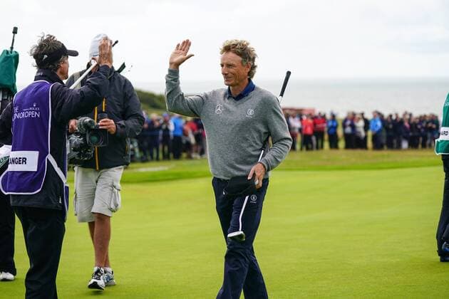 July 30th, Royal Porthcawl, Wales; The European Tour Senior Open Championship presented by Rolex, final round; Bernhard Langer GER high fives with his caddy xStevexFeeneyx  ActionPlus11908410