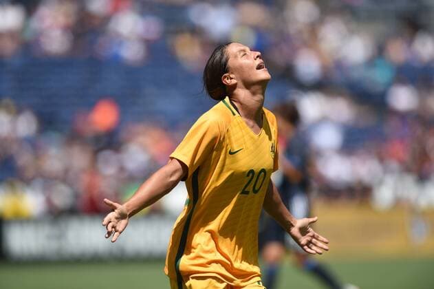 SAN DIEGO, CA - JULY 30: Sam Kerr (20) of Australia celebrates after scoring their second goal of the game in the first half during the Tournament of Nations soccer match between Japan and Australia on July 30, 2017 at Qualcomm Stadium in San Diego, CA. (Photo by Chris Williams Icon Sportswire) SOCCER: JUL 30 Tournament of Nations - Japan v Australia Icon00717073016009 EDITORIAL USE ONLY