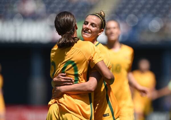SAN DIEGO, CA - JULY 30: Sam Kerr (20) of Australia celebrates with Chloe Logarzo (6) of Australia after scoring their second goal of the game in the first half during the Tournament of Nations soccer match between Japan and Australia on July 30, 2017 at Qualcomm Stadium in San Diego, CA. (Photo by Chris Williams Icon Sportswire) SOCCER: JUL 30 Tournament of Nations - Japan v Australia Icon00717073016013 EDITORIAL USE ONLY
