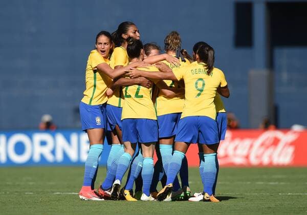 SAN DIEGO, CA - JULY 30: Brazil celebrates after scoring their first goal of the game in the first half during the Tournament of Nations soccer match between USA and Brazil on July 30, 2017 at Qualcomm Stadium in San Diego, CA. (Photo by Chris Williams Icon Sportswire) SOCCER: JUL 30 Tournament of Nations - USA v Brazil Icon00717073016091 EDITORIAL USE ONLY