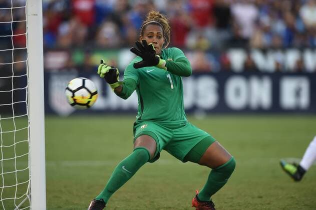 SAN DIEGO, CA - JULY 30: Barbara (1) of Brazil misses a save which game the USA the game tying goal, scored by Megan Rapinoe (15) of USA (not pictured) during the Tournament of Nations soccer match between USA and Brazil on July 30, 2017 at Qualcomm Stadium in San Diego, CA. USA defeated Brazil 4-3. (Photo by Chris Williams Icon Sportswire) SOCCER: JUL 30 Tournament of Nations - USA v Brazil Icon00717073016118 EDITORIAL USE ONLY