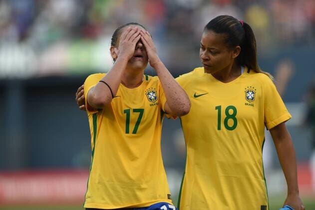 SAN DIEGO, CA - JULY 30: Andressinha (17) of Brazil and Fran (18) of Brazil walk off the field in dejection during the Tournament of Nations soccer match between USA and Brazil on July 30, 2017 at Qualcomm Stadium in San Diego, CA. USA defeated Brazil 4-3. (Photo by Chris Williams Icon Sportswire) SOCCER: JUL 30 Tournament of Nations - USA v Brazil Icon00717073016145 EDITORIAL USE ONLY