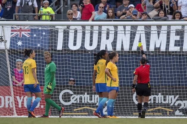 SAN DIEGO, CA - JULY 30: Barbara (1) of Brazil gets a yellow card during the Tournament of Nations soccer match between USA and Brazil on July 30, 2017 at Qualcomm Stadium in San Diego, CA. (Photo by Alan Smith Icon Sportswire) SOCCER: JUL 30 Tournament of Nations - USA v Brazil Icon1707301375 EDITORIAL USE ONLY