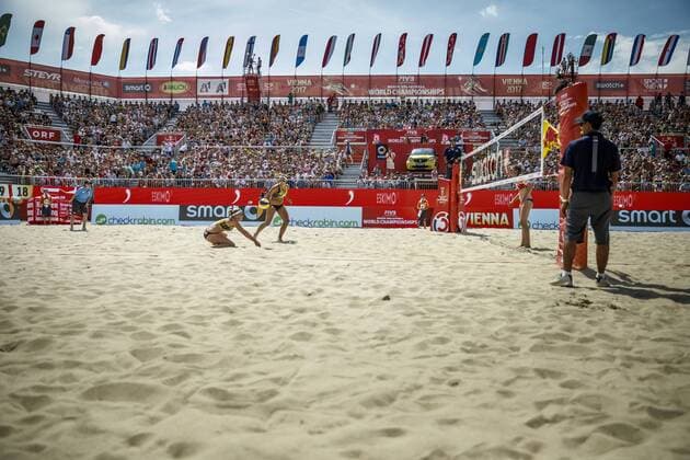 VIENNA, AUSTRIA - JULY 30: Victoria Bieneck and Isabel Schneider of Germany in action during Day 3 of the FIVB Beach volleyball Beachvolleyball World Championships 2017 on July 30, 2017 in Vienna, Austria. (Photo by Martin Steinthaler Hoch Zwei) Vienna Austria xHOCHxZWEIx