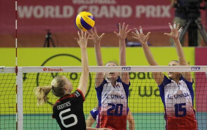 L-R Jennifer Geerties (GER), Marie Toufarova (CZE) and Veronika Struskova (CZE) in action during the FIVB World Grand Prix 2017 volleyball match for third place between Czech Republic and Germany in Ostrava, Czech Republic, on July 30, 2017. (CTKxPhoto PetrxSznapka) CTKPhotoP201707300357201  SZN 20