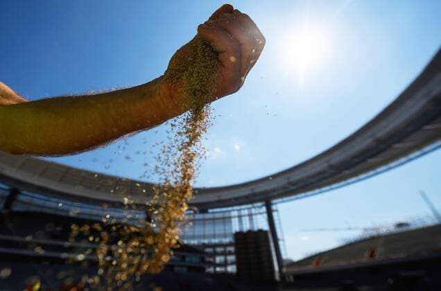YEKATERINBURG, RUSSIA - JULY 31, 2017: Grass seeding at a pitch of Yekaterinburg Arena Stadium, one of the venues of the 2018 FIFA World Cup WM Weltmeisterschaft Fussball in Russia. Donat Sorokin TASS  TS059AFF