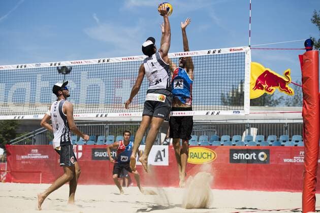 VIENNA, AUSTRIA - JULY 31: Gregorio Godoy of Paraguay spikes the ball during Day 4 of the FIVB Beach volleyball Beachvolleyball World Championships 2017 on July 31, 2017 in Vienna, Austria. (Photo by Malte Christians Hoch Zwei) Vienna Austria xHOCHxZWEIx