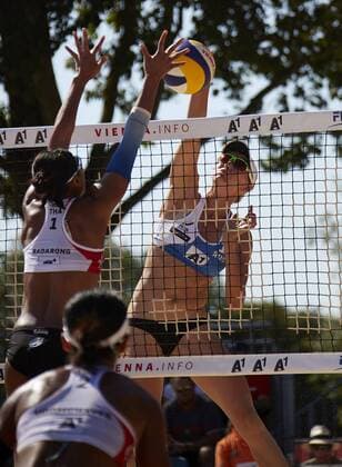 VIENNA, AUSTRIA - JULY 31: Ekaterina Birlova of Russia spikes the ball during Day 4 of the FIVB Beach volleyball Beachvolleyball World Championships 2017 on July 31, 2017 in Vienna, Austria. (Photo by Mike Ranz Hoch Zwei) Vienna Austria xHOCHxZWEIx