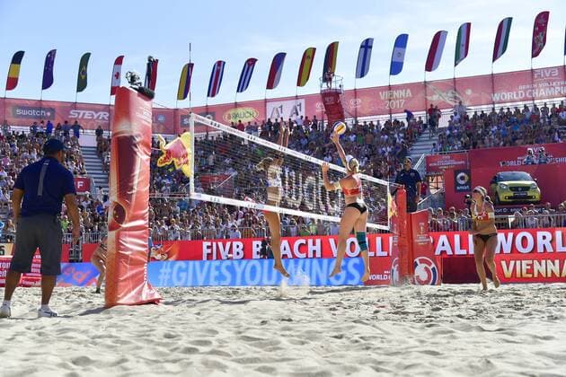 VIENNA, AUSTRIA - JULY 31: Katharina Elisabeth Schuetzenhoefer of Austria spikes the ball during Day 4 of the FIVB Beach volleyball Beachvolleyball World Championships 2017 on July 31, 2017 in Vienna, Austria. (Photo by Bernhard Horst Hoch Zwei) Vienna Austria xHOCHxZWEIx