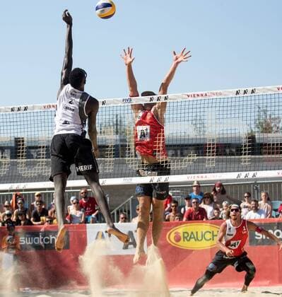 Beach volleyball Beachvolleyball - FIVB World Championships 2017 VIENNA,AUSTRIA,01.AUG.17 - BEACH VOLLEYBALL - FIVB World Championships, men. Image shows Cherif Younousse (QAT) and Aleksandrs Samoilovs and Janis Smedins (LAT). GEPAxpictures xMaticxKlansek