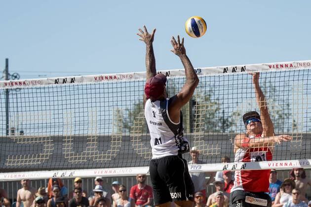 Beach volleyball Beachvolleyball - FIVB World Championships 2017 VIENNA,AUSTRIA,01.AUG.17 - BEACH VOLLEYBALL - FIVB World Championships, men. Image shows Jefferson Santos Pereira (QAT) and Janis Smedins (LAT). GEPAxpictures xMaticxKlansek