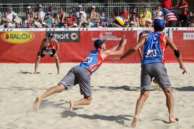 Beach volleyball Beachvolleyball - FIVB World Championships 2017 VIENNA,AUSTRIA,02.AUG.17 - BEACH VOLLEYBALL - FIVB World Championships, men. Image shows Phil Dalhausser and Nick Lucena (USA). GEPAxpictures xMaticxKlansek