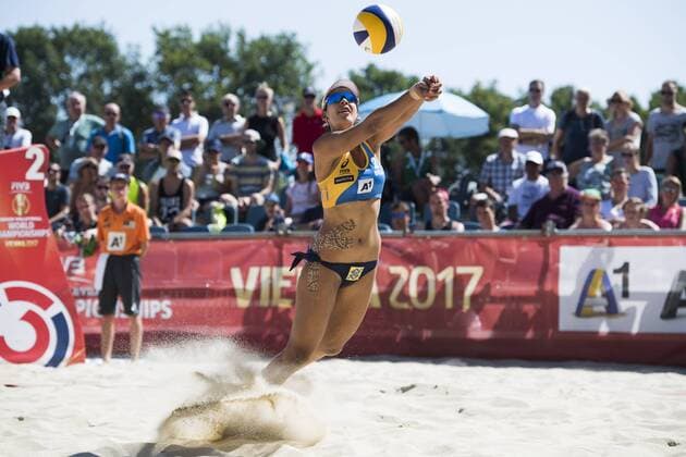 VIENNA, AUSTRIA - AUGUST 01: Eduarda Santos Lisboa of Brazil in action during Day 5 of the FIVB Beach volleyball Beachvolleyball World Championships 2017 on August 1, 2017 in Vienna, Austria. (Photo by Malte Christians Hoch Zwei) Vienna Austria xHOCHxZWEIx