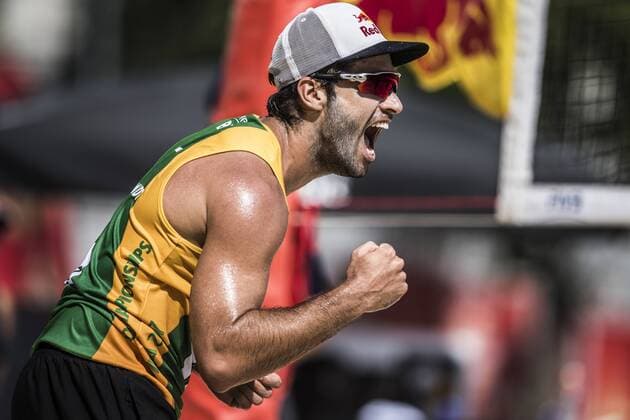 VIENNA, AUSTRIA - AUGUST 02: Bruno Oscar Schmidt of Brazil celebrates during Day 6 of the FIVB Beach volleyball Beachvolleyball World Championships 2017 on August 2, 2017 in Vienna, Austria. (Photo by Malte Christians Hoch Zwei) Vienna Austria xHOCHxZWEIx