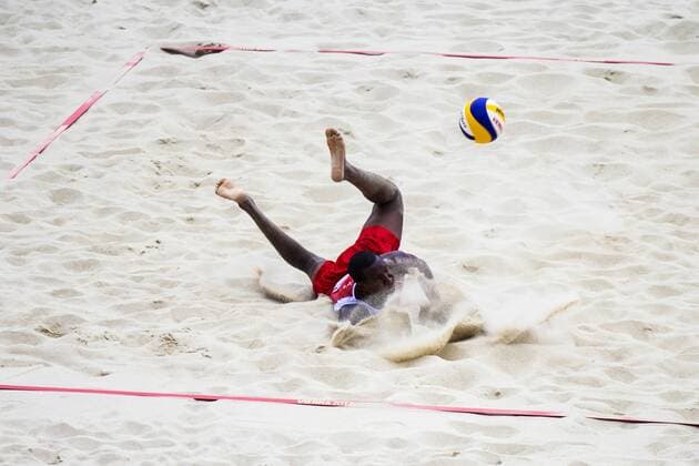 VIENNA, AUSTRIA - AUGUST 02: Marlon Phillip of Trinidad Tobago in action during Day 6 of the FIVB Beach volleyball Beachvolleyball World Championships 2017 on August 2, 2017 in Vienna, Austria. (Photo by Michael Kunkel Hoch Zwei) Vienna Austria xHOCHxZWEIx