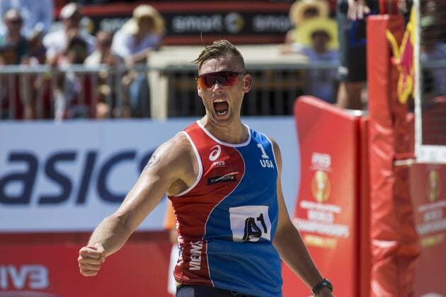 VIENNA, AUSTRIA - AUGUST 02: Casey Patterson of United States celebrates during Day 6 of the FIVB Beach volleyball Beachvolleyball World Championships 2017 on August 2, 2017 in Vienna, Austria. (Photo by Michael Kunkel Hoch Zwei) Vienna Austria xHOCHxZWEIx