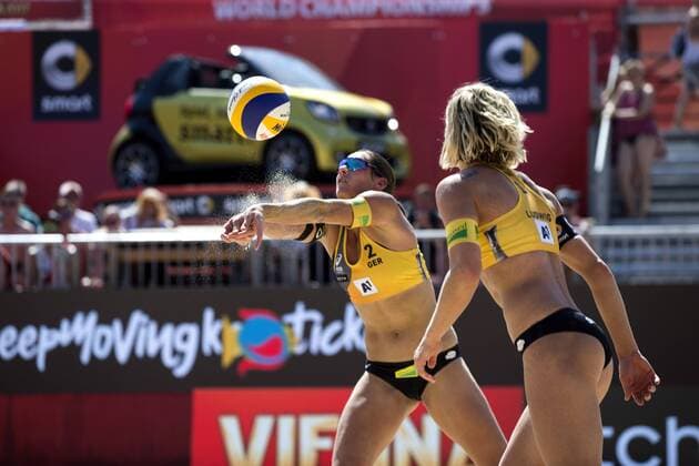 VIENNA, AUSTRIA - AUGUST 02: Kira Walkenhorst and Laura Ludwig of Germany in action during Day 6 of the FIVB Beach volleyball Beachvolleyball World Championships 2017 on August 2, 2017 in Vienna, Austria. (Photo by Michael Kunkel Hoch Zwei) Vienna Austria xHOCHxZWEIx