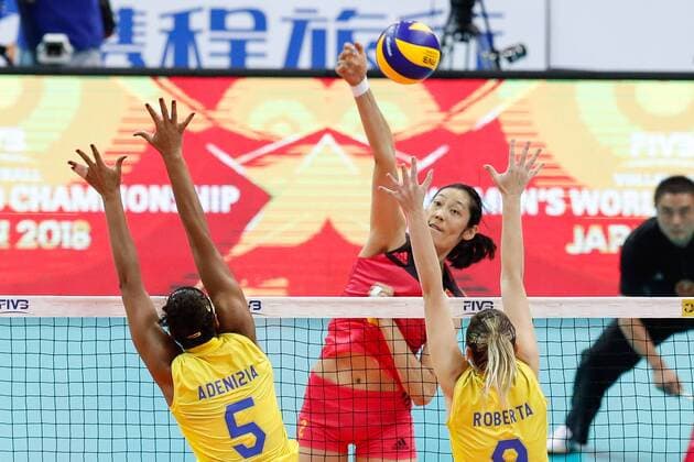 NANJING, CHINA - AUGUST 02: Zhu Ting 2 serves the ball during the group match of 2017 Nanjing FIVB World Grand Prix Finals between China and Brazil at Nanjing Olympic Sports Center on August 2, 2017 in Nanjing, Jiangsu Province of China.  Copyright: xVCGx CFP111122614770 