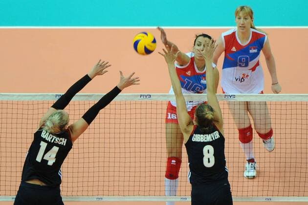 NANJING, CHINA - AUGUST 02: Lauren Gibbemeyer 8 of U.S.A. and Michelle Bartsch-Hackley 14 of U.S.A. block the ball during the group match of 2017 Nanjing FIVB World Grand Prix Finals between Serbia and U.S.A. at Nanjing Olympic Sports Center on August 2, 2017 in Nanjing, Jiangsu Province of China.  Copyright: xVCGx CFP111122608413 