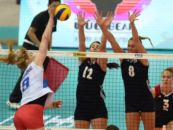 NANJING, CHINA - AUGUST 02: Brankica Mihajlovic 9 of Serbia spikes the ball during the group match of 2017 Nanjing FIVB World Grand Prix Finals between Serbia and U.S.A. at Nanjing Olympic Sports Center on August 2, 2017 in Nanjing, Jiangsu Province of China.  Copyright: xVCGx CFP111122604688 