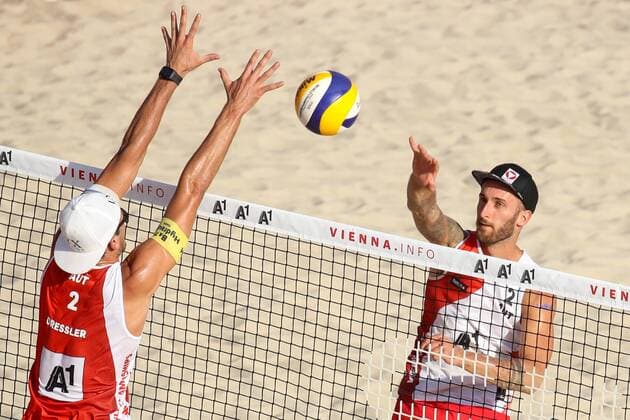 Beach volleyball Beachvolleyball - FIVB World Championships 2017 VIENNA,AUSTRIA,02.AUG.17 - BEACH VOLLEYBALL - FIVB World Championships, men. Image shows Christoph Dressler (AUT) and Tobias Winter (AUT). GEPAxpictures xMaticxKlansek