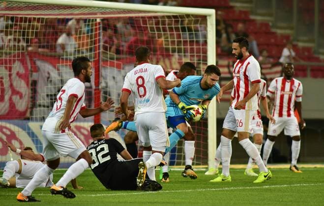 Greece: Olympiacos vs Partizan Stefano Kapino (no 27) goalkeeper of Olympiacos catch the ball after an attack effort of Partizan.  DimitriosxKarvountzis PacificxPress